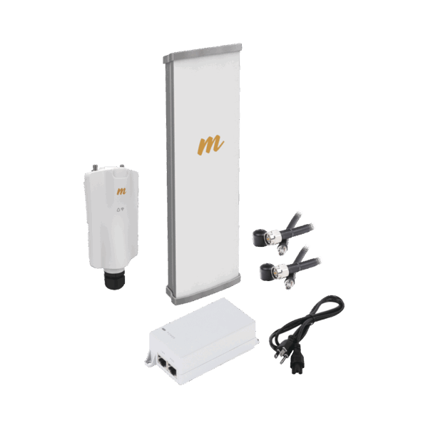 Kit de radio A5x con antena N545X4, 4.9 a 6.4 GHz, 700 Mbps, hasta 64 usuarios concurrentes,  Monitoreo a travez de la nube, incluye jumper, PoE24V, cable de alimentación y montaje