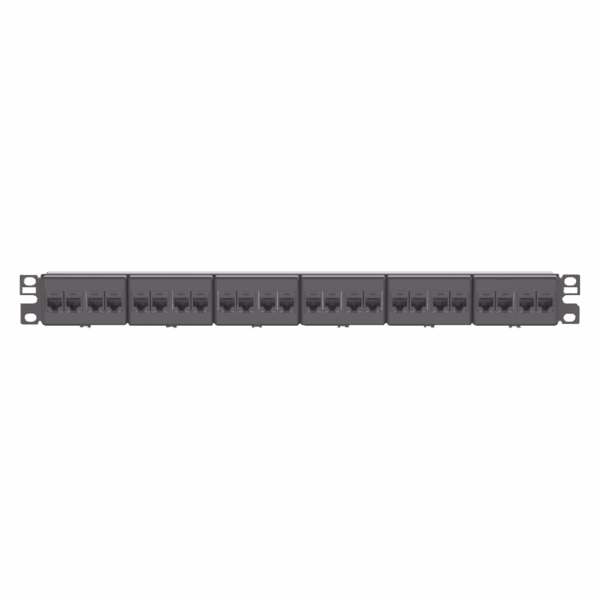 Panel de Parcheo con 24 Acopladores Mini-Com, Plano, Categoría 6, de 1 UR, Color Negro