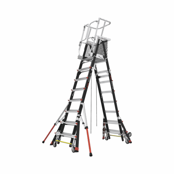 Escalera de Fibra de Vidrio  con Jaula de 8'-14' (2.44 - 4.27 m). Con Ajuste en Ruedas (RATCHET™ Leveler) (SKU:18515-817).
