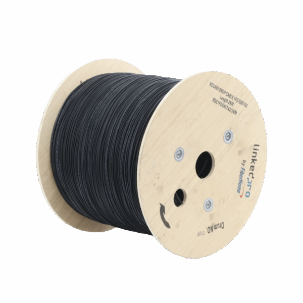 Carrete de 2 km de Fibra Óptica Aérea Tipo Drop Redonda (Figura 0) G.657A2, Monomodo, 1 hilo, forro de 3 mm