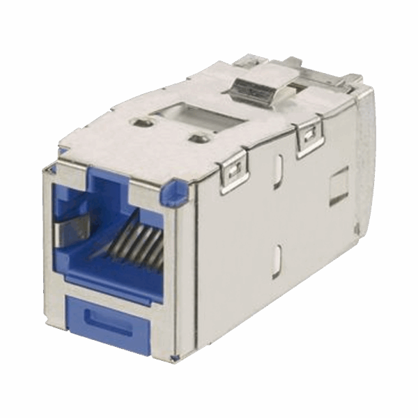 Conector Jack RJ45 Blindado, Llaveado Azul, Estilo TG, Mini-Com, Categoría 6A, de 8 posiciones y 8 cables, Color Azul
