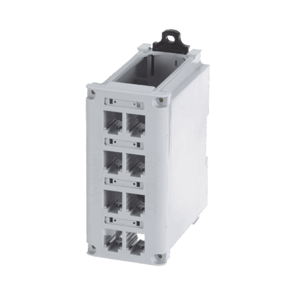 Panel de Parcheo Modular para Cobre, Blindado, de Instalación en Riel DIN Estándar de 35mm, 8 Puertos Mini-Com, Color Gris