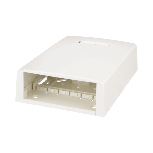 Caja de Montaje en Superficie, Con Accesorio para Resguardo de Fibra Óptica, Para 12 Módulos Mini-Com, Color Blanco Mate