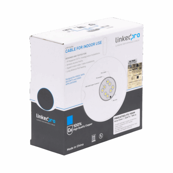 Bobina de cable de 100m, Cat5e, 24 AWG, color Gris, UL, para aplicaciones en videovigilancia, redes de datos. Uso Interior