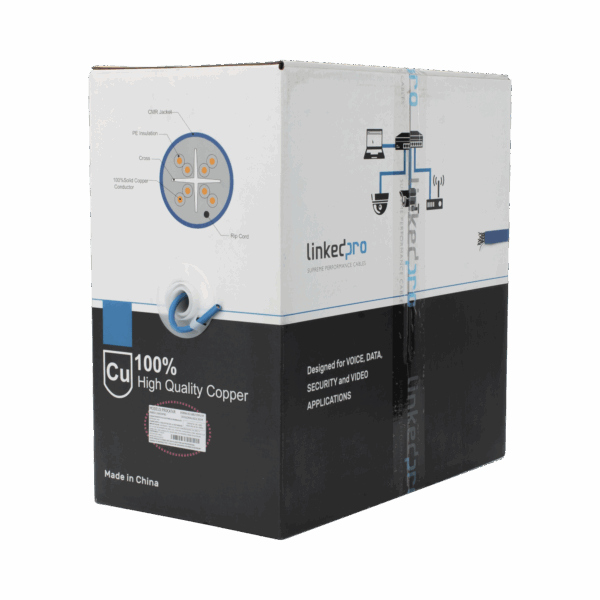 Bobina de cable de 305 metros Cat6+, CMR, CALIBRE 23 ALTO RENDIMIENTO, ETL,UL, color azul, super flexible, para aplicaciones de video vigilancia, video HD, y redes de datos. Uso interior.