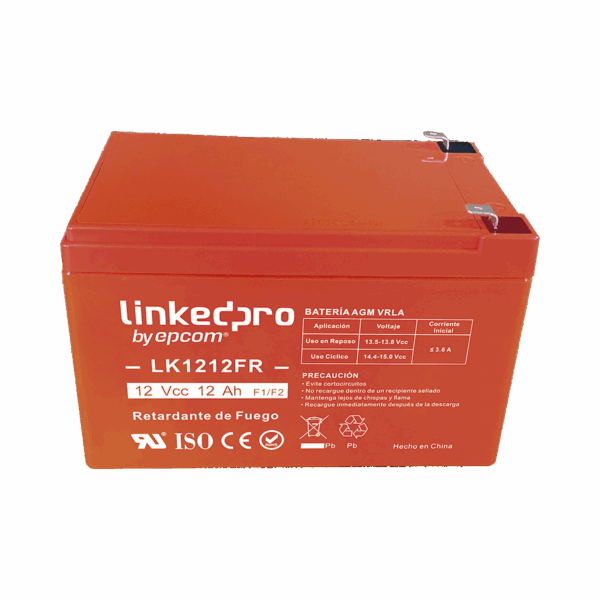 Batería 12 V / 12 Ah / UL / Tecnología AGM / Vida útil promedio de 5 años / Retardante a la Flama / Uso en equipo electrónico, Alarmas de Intrusión / Incendio / Control de acceso / Video Vigilancia / Terminales F1
