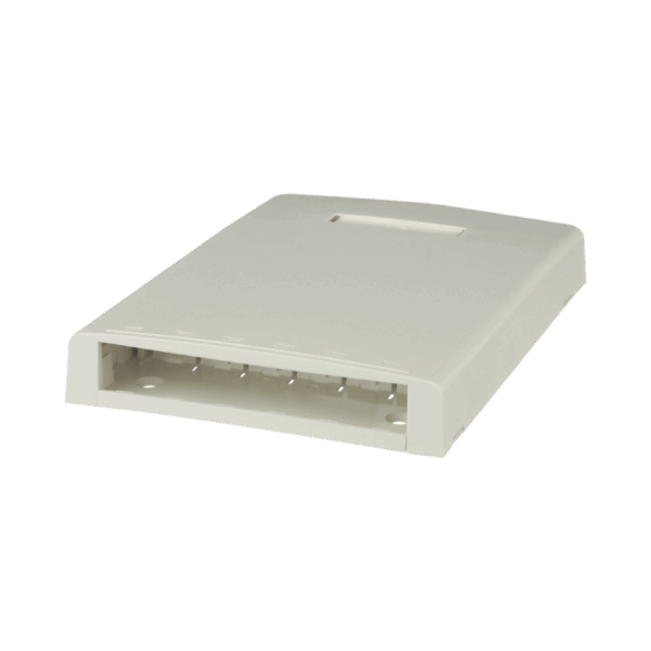 Caja de Montaje en Superficie, Con Accesorio para Resguardo de Fibra Óptica, Para 6 Módulos Mini-Com, Color Blanco Mate