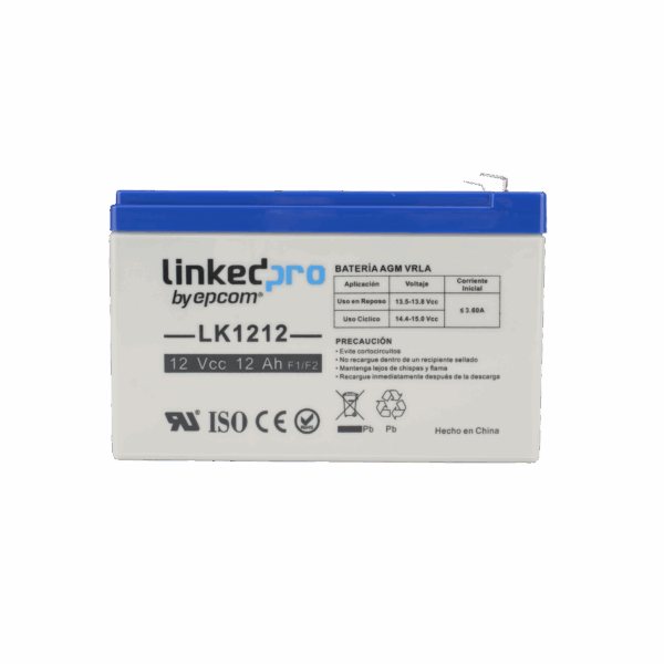 Batería 12 V / 12 Ah / UL / Tecnología AGM / Vida útil promedio de 5 años / Uso en equipo electrónico / Intrusión / Incendio/ Control de acceso / Video Vigilancia / Terminales F1 ( Incluye adaptador F2 )