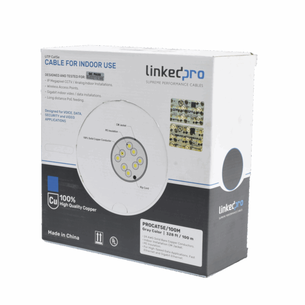 Cable Cat5e de alto rendimiento, con certificaciones ETL, UL, color gris, de 100 m ( 328 ft ) para aplicaciones en CCTV, redes de datos. Uso interior.