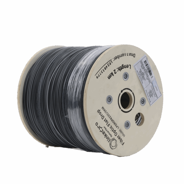 Carrete de 2 km de Fibra Óptica Drop Plana, Interior/Exterior G.657A2 Monomodo de 2 hilos (bifibra), Dieléctrica, Forro Negro,  (No Soporta Conectores Mecánicos)