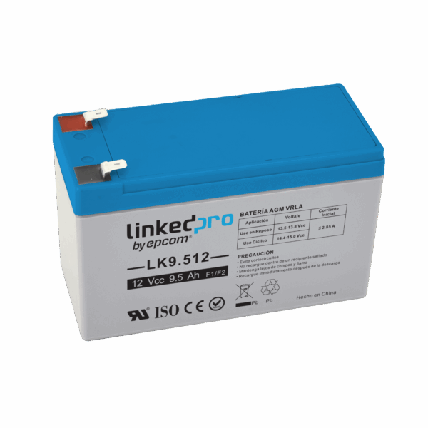 Batería 12 V / 9.5 Ah / UL / Tecnología AGM / Vida útil promedio 5 años / Para uso en equipo electrónico, Alarmas de Intrusión / Incendio/ Control de acceso / Video Vigilancia / Terminales F1 ( Incluye adaptador F
