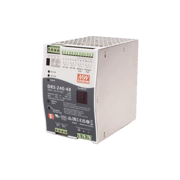 Fuente de Poder Industrial de 240W con Cargador de Baterías, salida 48Vcc, 5A, para montaje Riel Din