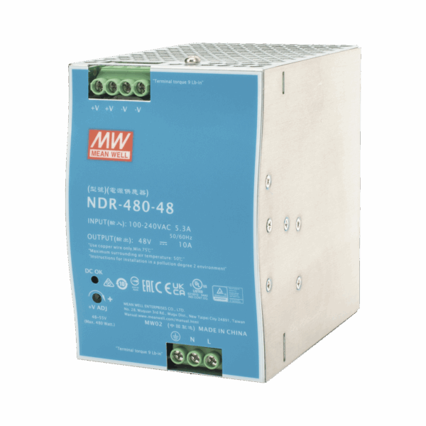 Fuente de Poder Industrial de 480W, salida 48 Vcc, para montaje en riel Din