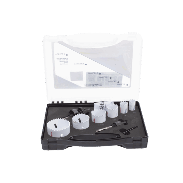 Kit de broca sierras (3/4 - 2 1/4 in) incluye 6 piezas de broca sierras, 2 adaptadores y resorte de expulsión.