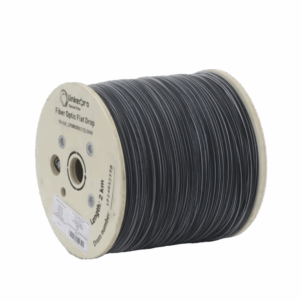Carrete de 2 km de Fibra Óptica Drop Plana, Interior/Exterior G.657A2 Monomodo de 1 hilo (unifibra), Dieléctrica, Forro Negro, Compatible con Conectores FASC, FASCUP, FASCLC