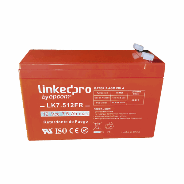 Batería 12 V / 7.5 Ah / UL / Tecnología AGM / Vida útil promedio de 5 años / Retardante a la Flama / Para equipo electrónico, Alarmas de Intrusión / Incendio/ Control de acceso / Video Vigilancia / Incluye adaptad