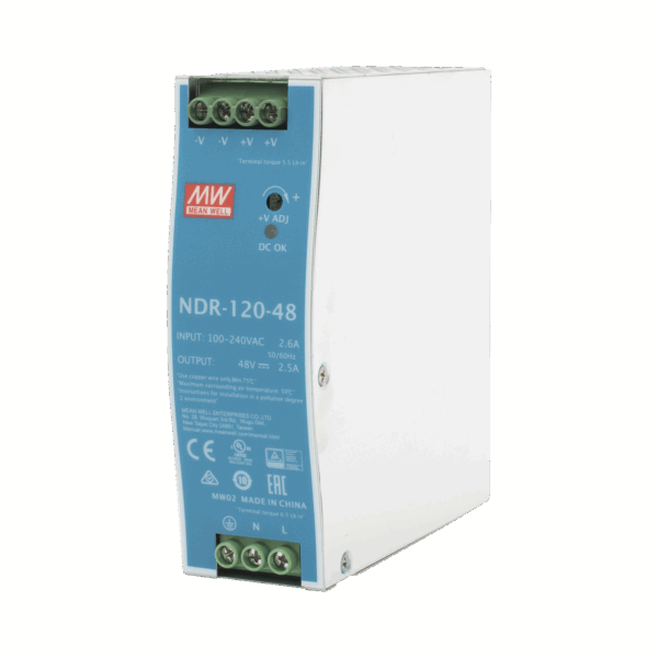 Fuente de poder industrial de 120 W, salida 48 Vcc, entrada 90~264 VCA, para montaje en riel DIN,