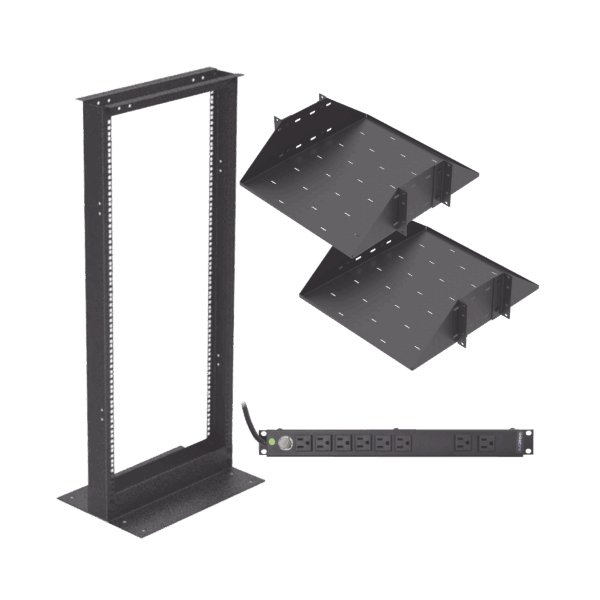 Kit de Rack Estándar 19", 24 UR con 2 Charolas  y PDU (8 tomas). Ideal para UPS y Servidores tipo Torre.