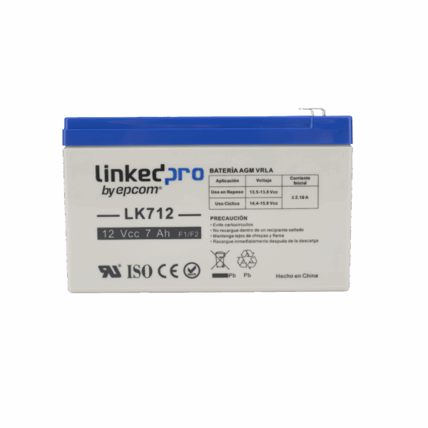 Batería 12 V / 7 Ah / UL / Tecnología AGM / Vida útil promedio 5 años / Uso en equipo electrónico, Alarmas de Intrusión / Incendio / Control de acceso / Video Vigilancia / Terminales F1 ( Incluye adaptador F2 )