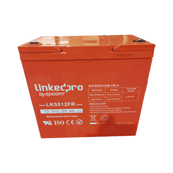 Batería 12 V / 55 Ah / UL / Tecnología AGM-VRLA / Vida útil promedio de 5 años / Retardo a la flama / Para uso en equipo electrónico, Alarmas de Intrusión / Incendio/ Control de acceso / Video Vigilancia / Termina