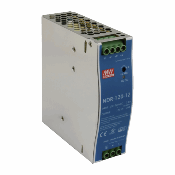 Fuente de poder industrial de 120 W, salida 12 Vcc, entrada 90~264 VCA, para montaje en riel DIN,