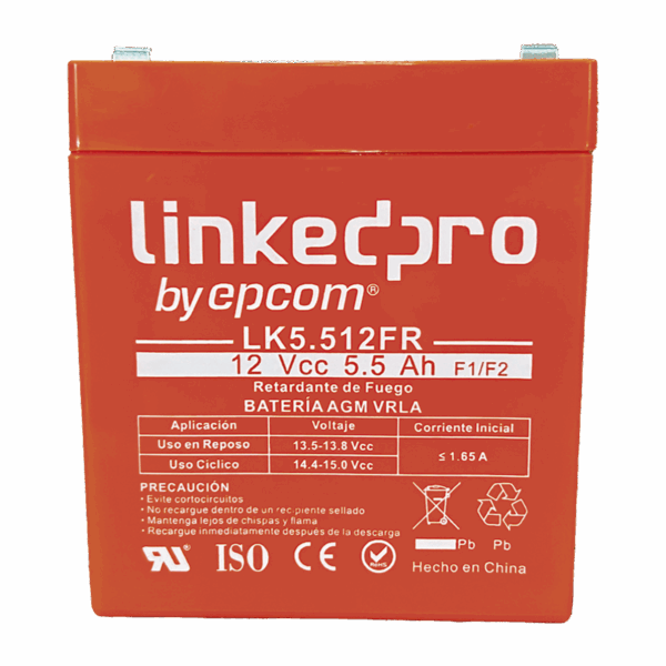 Batería 12 V / 5.5 Ah / UL / Tecnología AGM / Vida útil promedio de 5 años / Retardante a la Flama / Para uso en equipo electrónico, Alarmas de Intrusión / Incendio/ Control de acceso / Video Vigilancia / Incluye