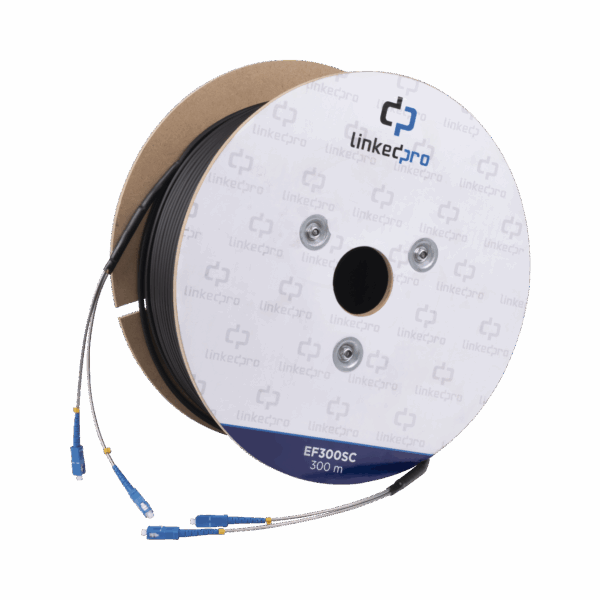 Carrete de Fibra Óptica Monomodo con Conectores SC-SC Duplex, Reforzada con Kevlar, de 300 metros, Para instalaciones subterráneas por tubería