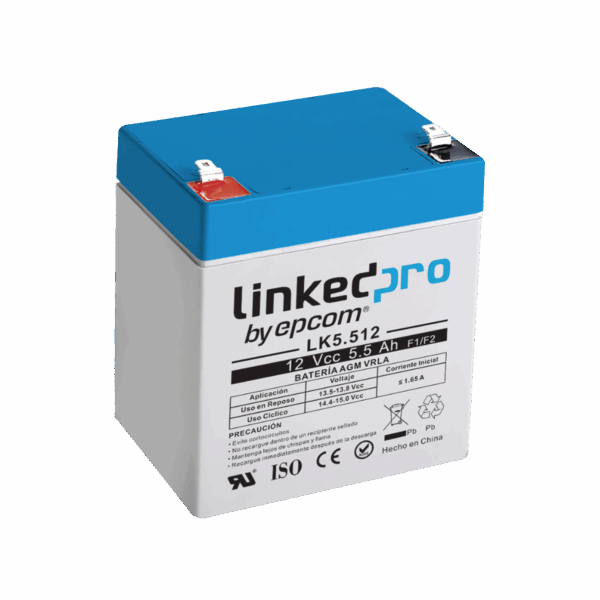 Batería 12 V / 5.5 Ah / UL / Vida útil promedio 5 años / Tecnología AGM / Para uso en equipo electrónico, Alarmas de Intrusión / Incendio/ Control de acceso / Video Vigilancia / Terminales F1 ( Incluye adaptador F