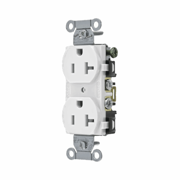 Contacto Dúplex 20 A, 125 V,  2 Polos, 3 Hilos, Cableado Posterior y  Lateral, Color Blanco (Nema 5-20R).