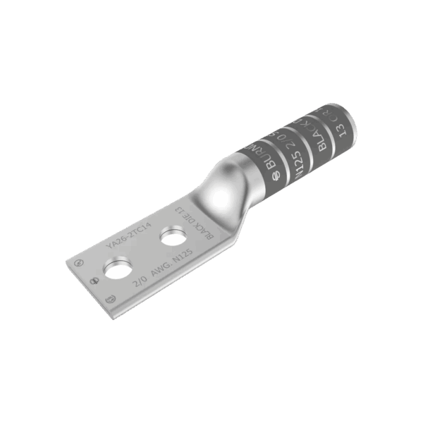 Zapata Terminal de Cobre Electrolítico/ Cañon Largo con 2 Perforaciones para Tornillos de 1/2" / Cable Calibre 2/0 / Espaciamiento entre orificios de 1 3/4".