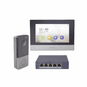 Kit de Videoportero IP + Switch Poe Poe Estandar con llamada a App de Smartphone (HikConnect) / Apertura con tarjeta MIFARE / Frente de calle IP65 / Soporta 1 Departamento