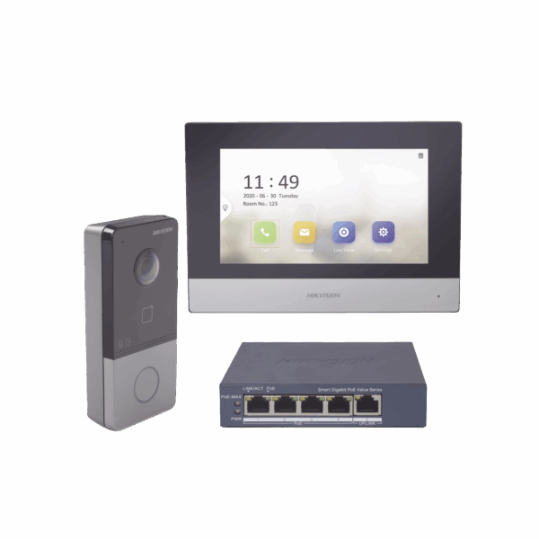 Kit de Videoportero IP + Switch Poe Poe Estandar con llamada a App de Smartphone (HikConnect) / Apertura con tarjeta MIFARE / Frente de calle IP65 / Soporta 1 Departamento
