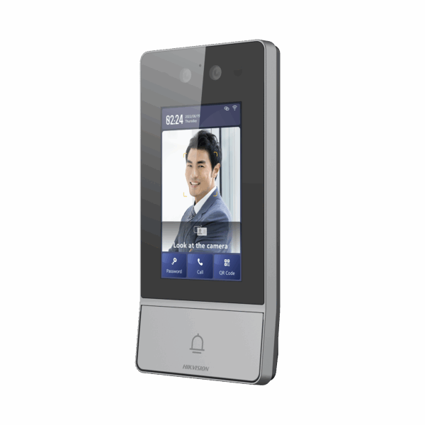 Videoportero IP 2 Megapixel / Llamada y Apertura Remota desde App Hik-Connect / Reconocimiento Facial / Panel touch 4.3"/ Exterior IP65 + Antivandalico IK08 / Botón mecanico de llamada / PoE / 1 Departamento / Apertura con Tarjeta, Codigo PIN