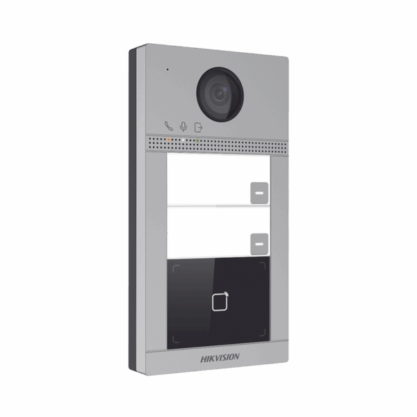 Videoportero IP 2 Megapixel / Llamada y Apertura Remota desde App Hik-Connect (requiere monitor) / PoE / Exterior IP65 + Antivandalico IK08 / 2 Departamentos / Apertura con Tarjeta / Soporta 2 Puertas y hasta 6 Monitores