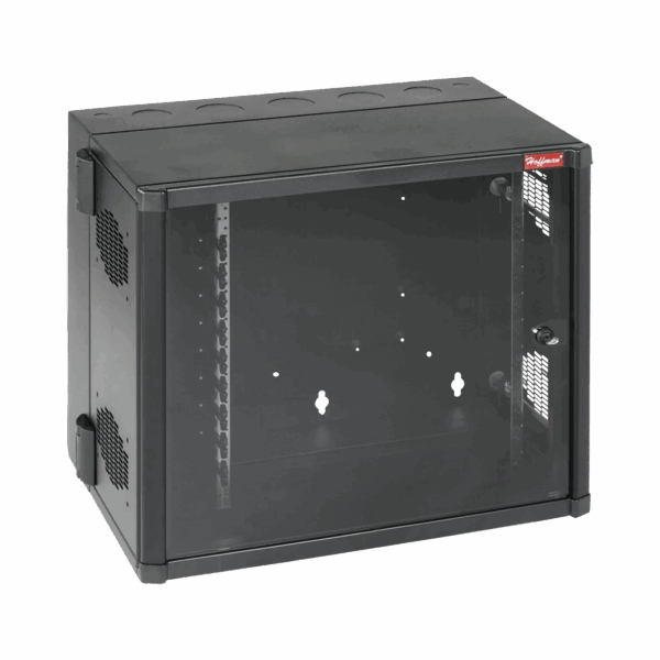 Gabinete AccessPlus de Montaje en Pared de 19in, Rieles Numerados y Roscados #10-32, Puerta con Ventana de Seguridad, 700 mm de Ancho, 637 mm de Profundidad, 12 UR, Color Negro