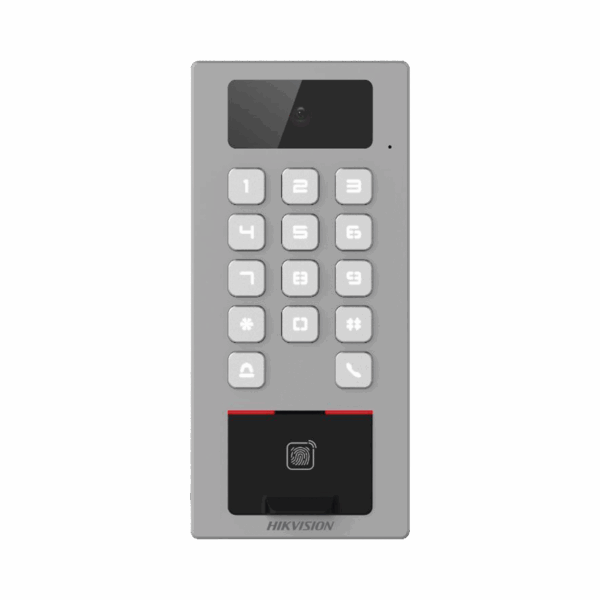 Lector Biometrico con Teclado para Exterior Antivandálico IP65 & IK09 con función de Videoportero Multiapartamento /  Huella, Tarjeta, Código QR, PIN o App HikConnect  / Cámara 2 MP compatible con NVRs / Soporta biom