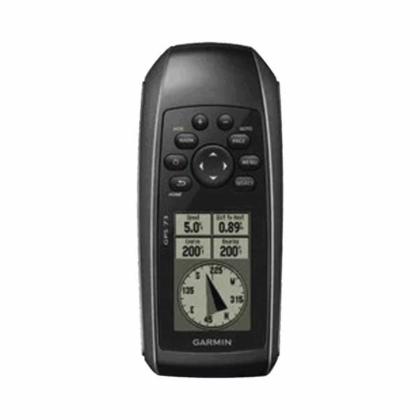 GPS portátil GPSMAP 73 con pantalla de cristal liquido, escala de 4 niveles de gris, hasta mil puntos de almacenamiento interno, sumergible y flotante.