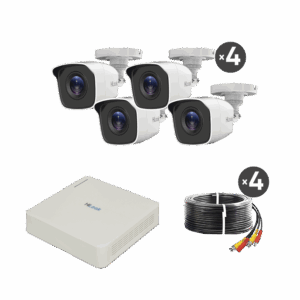 Kit TurboHD 720p / DVR 4 canales / 4 Cámaras Bala de Metal / 4 Cables 18 Mts / H.265+ / 1 Fuente de Poder Profesional / Accesorios de Instalación