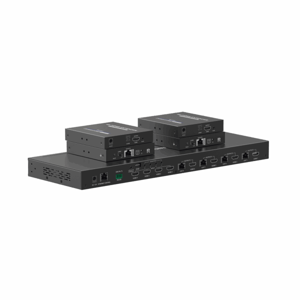 MATRICIAL Y EXTENSOR DE VIDEO HDMI 4 x 4 / 4 Entradas HDMI / 4 Salidas HDMI Loop / 4 Salidas RJ45 para Extender la señal 40 metros por salida  /4K / Conmutación por RS232, Control Remoto o Ethernet.