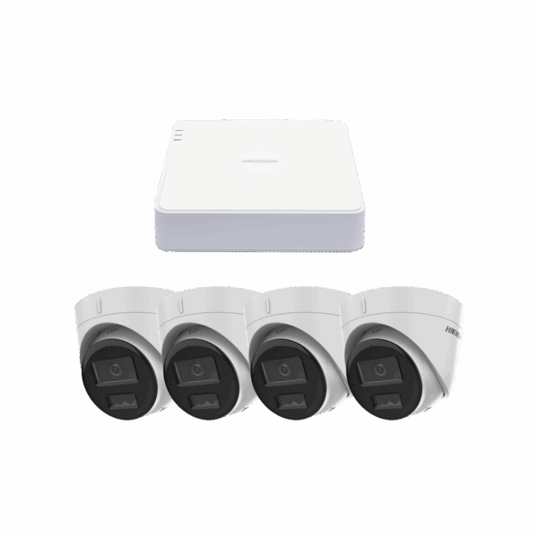 Kit IP 1080p (2 Megapixel) / NVR de 4 Canales con 4 Puertos PoE / 4 Cámaras IP Turret con Micrófono Integrado / ColorVu y ACUSENSE Lite