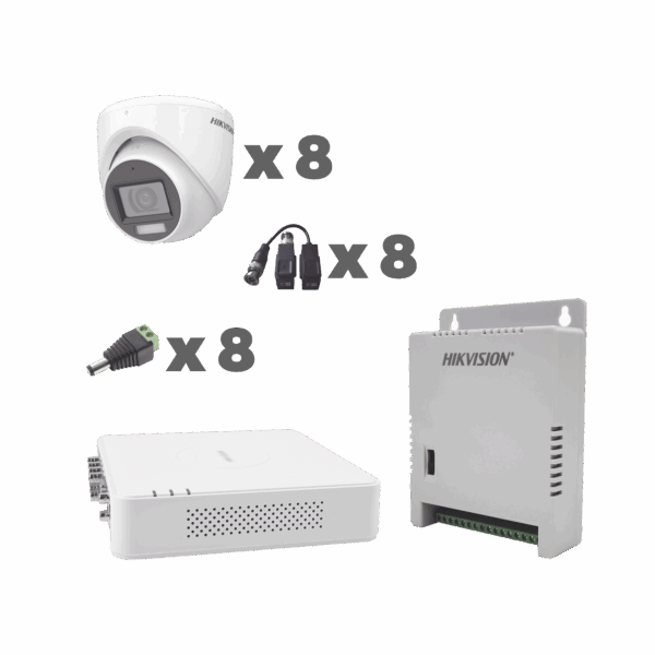 KIT TurboHD 1080p / DVR 8 Canales con audio por coaxitron / 8 Cámaras con Micrófono Integrado 106° Visión/  luz blanca + IR visión nocturna  / Transceptores / Conectores / Fuente de Poder Profesional