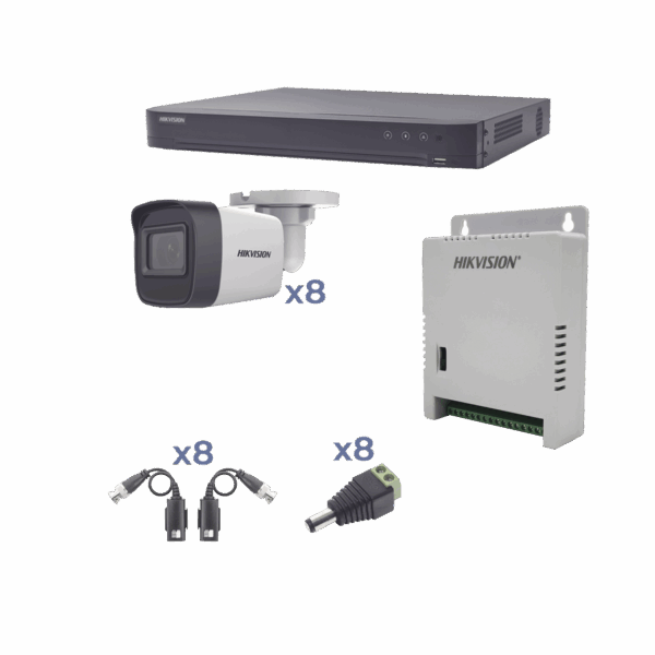 KIT TurboHD 1080p / DVR 8 Canales / 8 Cámaras Bala (exterior 2.8 mm) / Transceptores / Conectores / Fuente de Poder Profesional hasta 15 Vcc para Larga Distancia