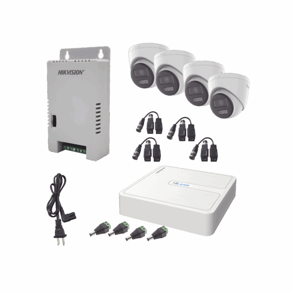 Kit HiLook Audio Bidireccional TurboHD 1080p / DVR 4 Canales / 4 Cámaras Eyeball (Exterior) con Bocina y Microfóno Integrado / 1 Fuente de Poder / Accesorios