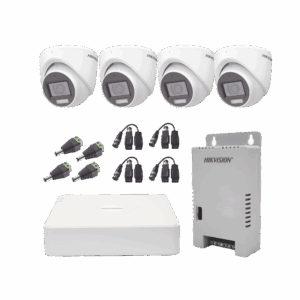 KIT TurboHD 1080p / DVR 4 Canales con audio por coaxitron / 4 Cámaras con Micrófono y  106° Visión/  luz blanca + IR visión nocturna  / Transceptores / Conectores / Fuente de Poder Profesional