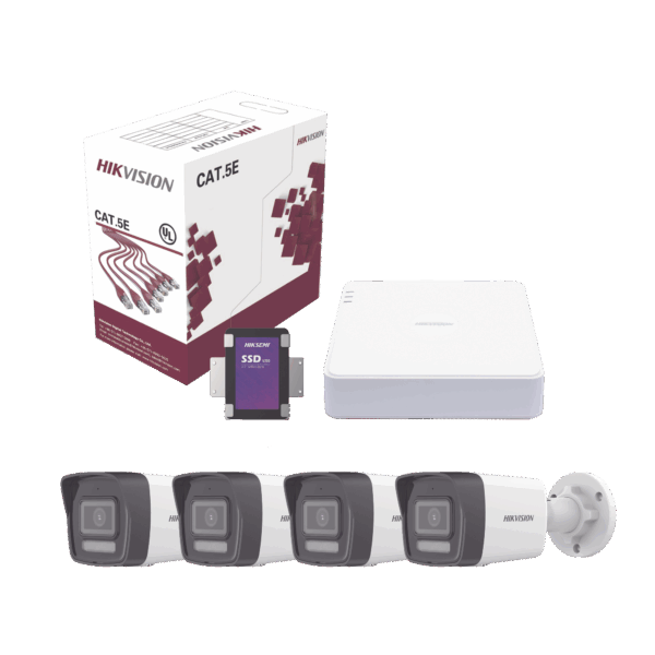 Kit IP 4 Megapixel / NVR de 4 Canales con 4 Puertos PoE / 4 Cámaras IP Bala Dual Light (IR + Luz Blanca) con Microfono Integrado y ACUSENSE Lite para Exterior/ Bobina de Cable de 100 mts / SSD de 1 TB