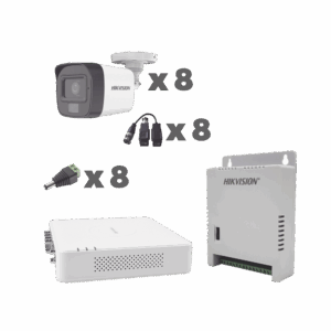 KIT TurboHD 1080p / DVR 8 Canales con audio por coaxitron / 8 Cámaras con Micrófono Integrado 101° Visión/  luz blanca + IR visión nocturna  / Transceptores / Conectores / Fuente de Poder Profesional