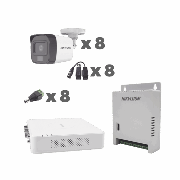 KIT TurboHD 1080p / DVR 8 Canales con audio por coaxitron / 8 Cámaras con Micrófono Integrado 101° Visión/  luz blanca + IR visión nocturna  / Transceptores / Conectores / Fuente de Poder Profesional