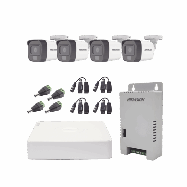 Kit TURBOHD 1080p / DVR 4 Canales / 4 Cámaras con Micrófono Integrado y 101° Visión / Luz Blanca + IR Visión Nocturna / Transceptores / Conectores / Fuente de Poder Profesional Compacta