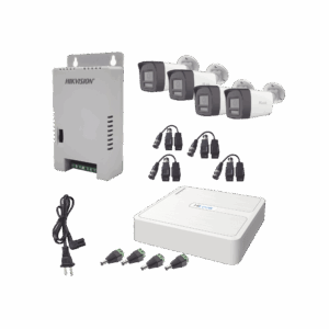 Kit HiLook Audio Bidireccional TurboHD 1080p / DVR 4 Canales / 4 Cámaras Bala (Exterior) con Bocina y Micrófono Integrado / 1 Fuente de Poder / Accesorios