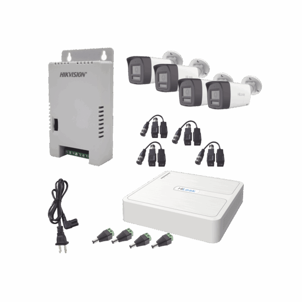 Kit HiLook Audio Bidireccional TurboHD 1080p / DVR 4 Canales / 4 Cámaras Bala (Exterior) con Bocina y Micrófono Integrado / 1 Fuente de Poder / Accesorios